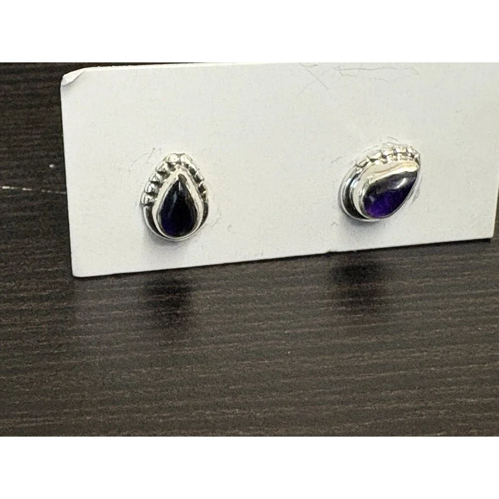 Petite 925 Solid Sterling Silver Genuine Amethyst Bezel Set Post Earrings - Picture 10 of 12